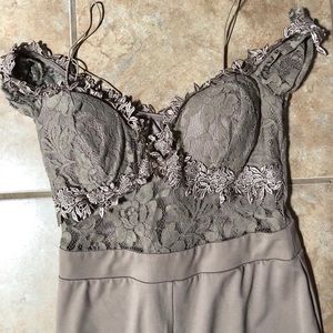taupe lacey party jumpsuit